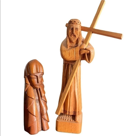 Wooden Handmade Jesus Carrying Cross w/Wooden Virgin Mary Set